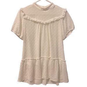 Ro & De Short Sleeve High Collar Peplum Top with Ruffle Accents